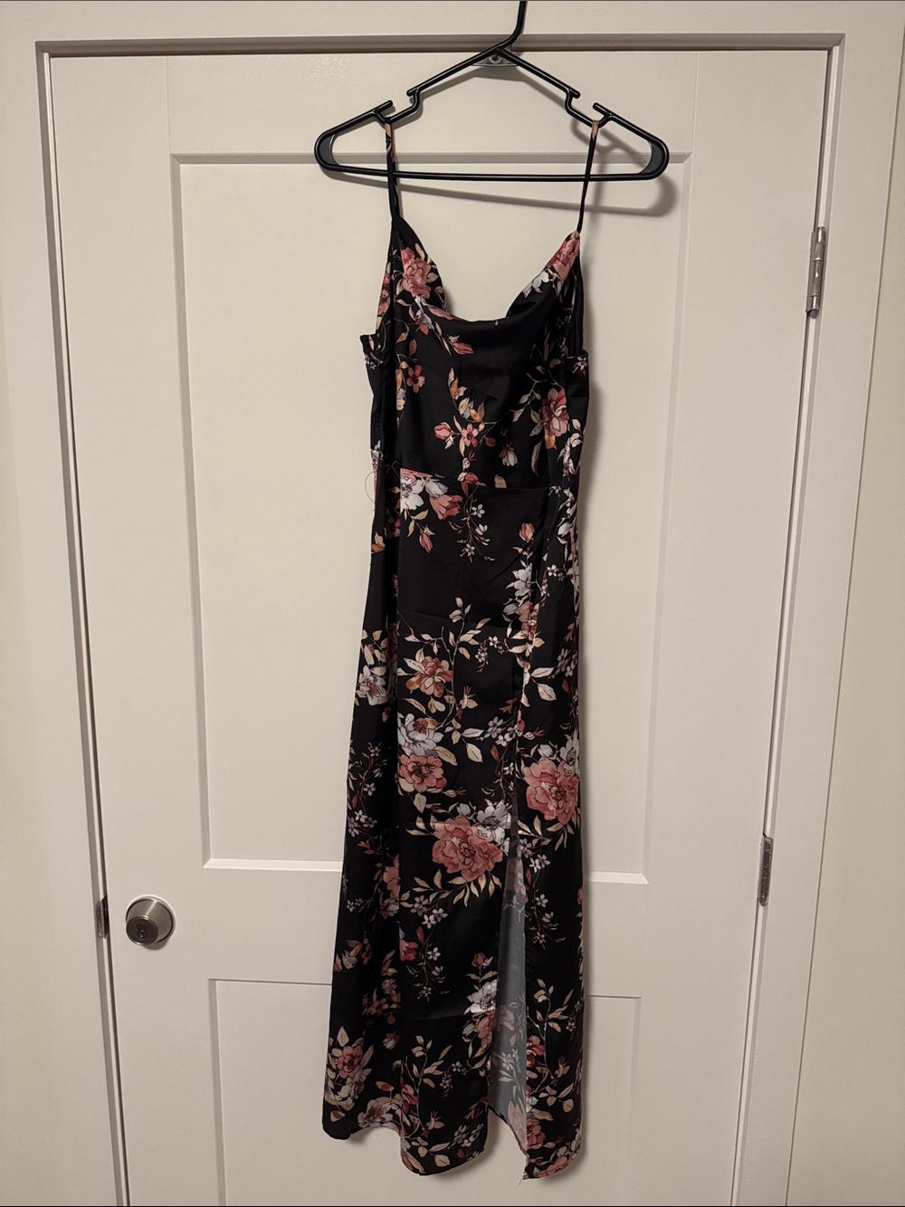 Floral Satin Slip Dress with Side Slit - Black/Pink